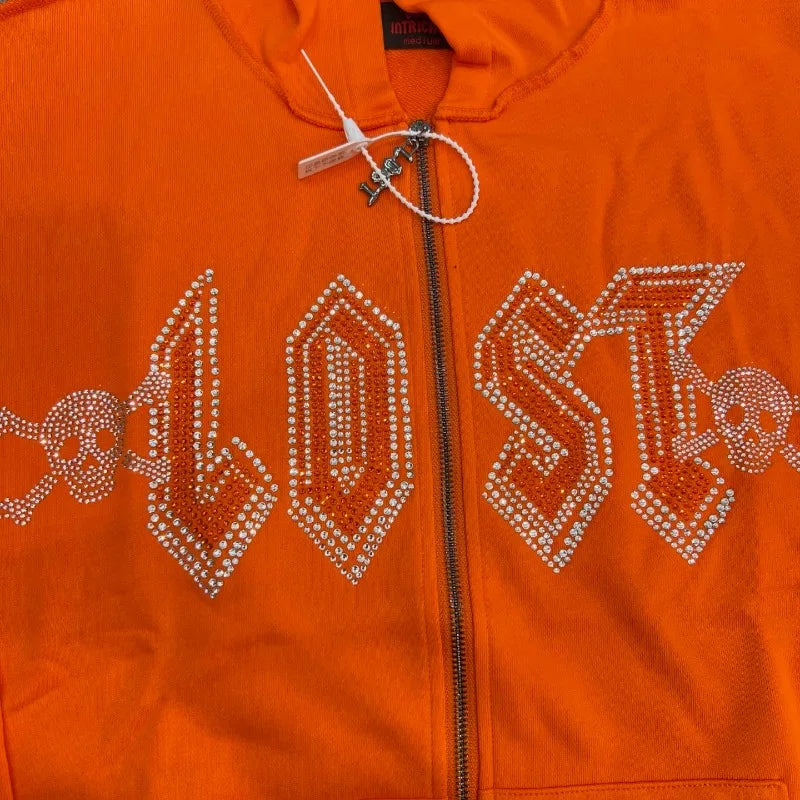 🧡 Orange-Rot "Lost Intricacy" Zweiteiler – Hoodie & Jogger mit Strass-Details
