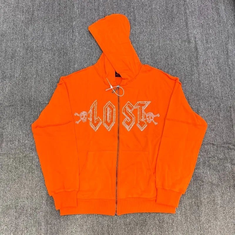 🧡 Orange-Rot "Lost Intricacy" Zweiteiler – Hoodie & Jogger mit Strass-Details