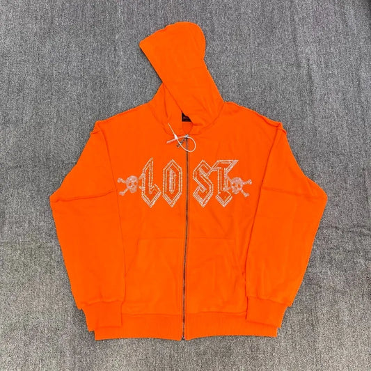 🧡 Orange-Rot "Lost Intricacy" Zweiteiler – Hoodie & Jogger mit Strass-Details