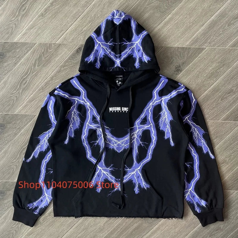 Lightning Pattern Reflective Hooded Sweatshirt – Missing Since Thursday Streetwear Unisex Winter Hoodie für Männer