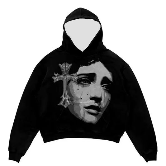 2000er Vintage Herren Streetwear Hoodie mit Comic-Porträt-Print – Oversized Langarm Hoodie Y2K Gothic Harajuku Pullover