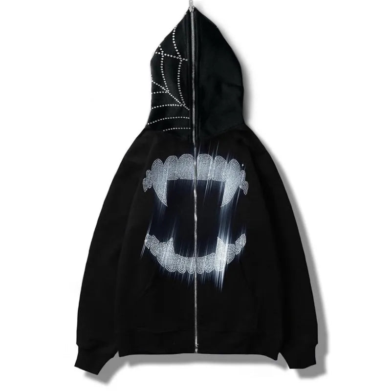 Grunge Y2K Hoodie mit Reißverschluss – Oversized Goth Sweatshirt mit Strass, Spinnennetz & Zahn-Print