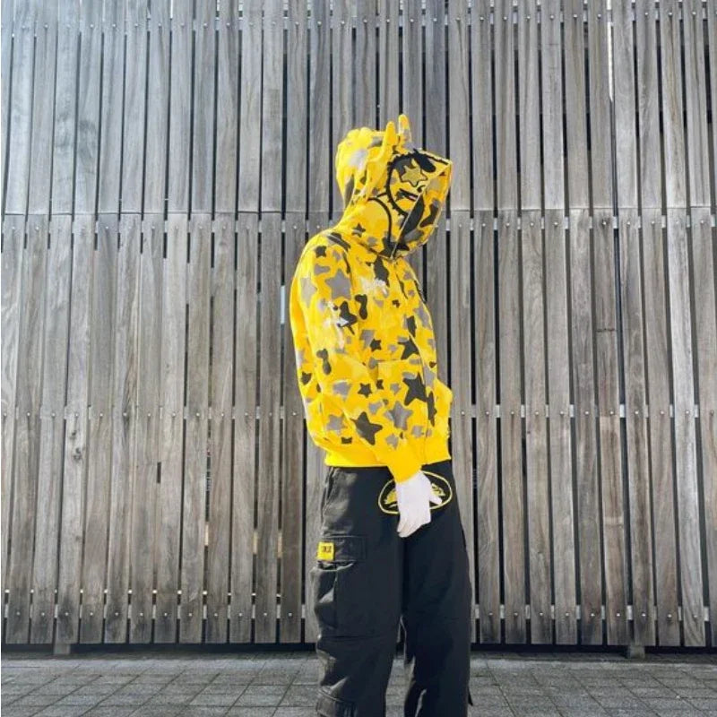 Y2K Zip-Up Hoodie Cardigan – Gelb mit Stern-Details im Campus Streetstyle (Unisex)