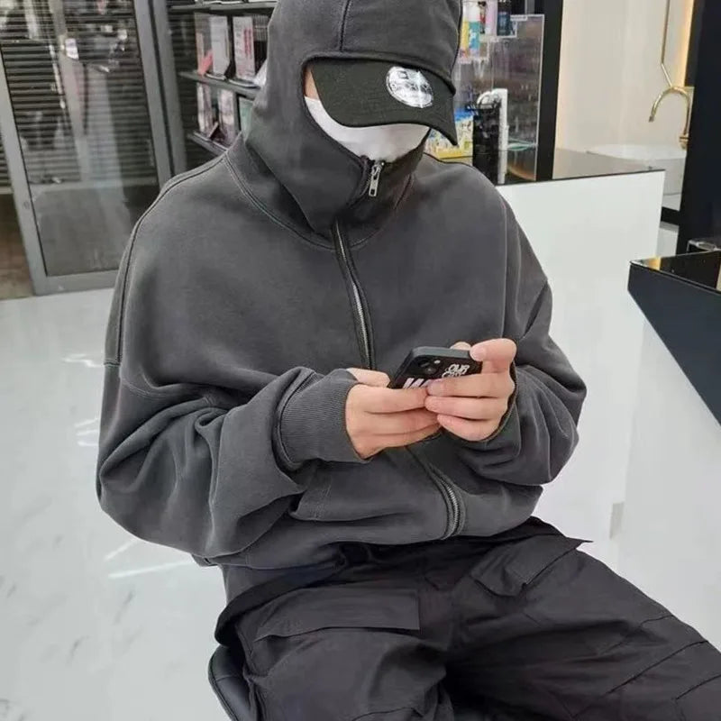 HKSH Techwear Hoodie mit Maske – Ninja Streetwear Zip-Up Kapuzenjacke