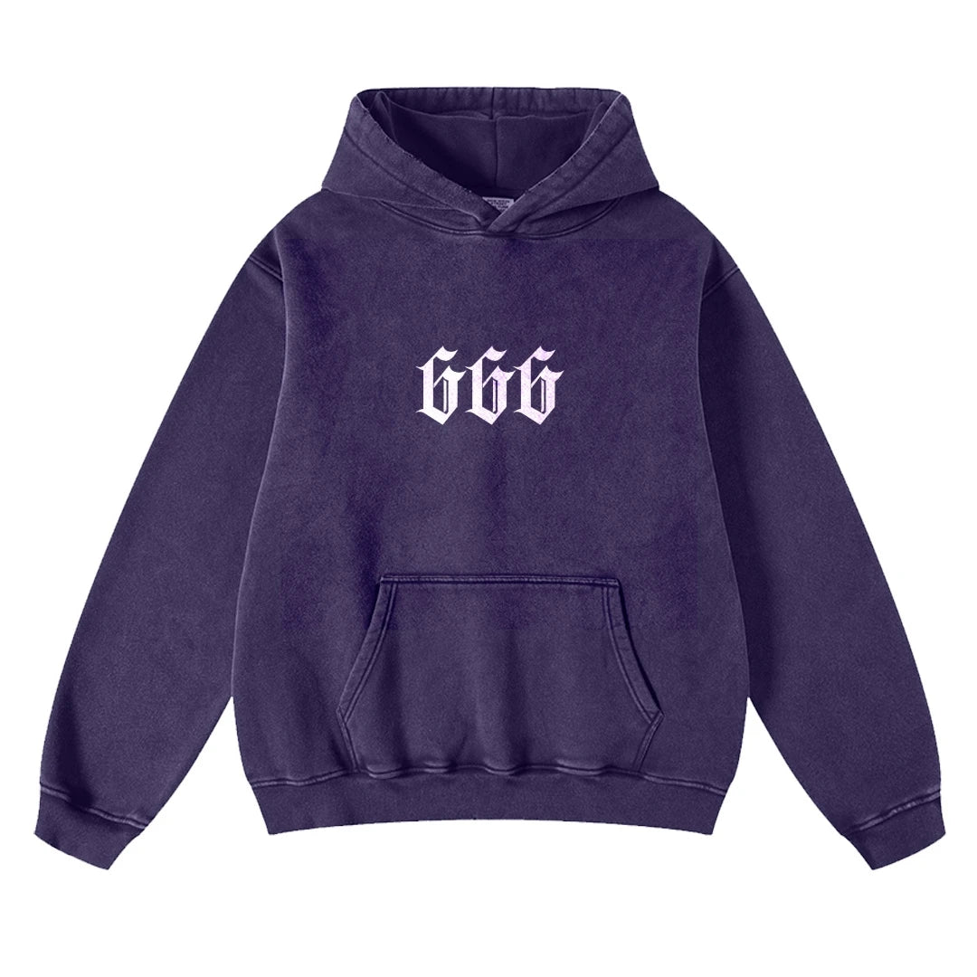„666“ Digital Print Hoodie – Unisex Kapuzenpullover im Washed-Look