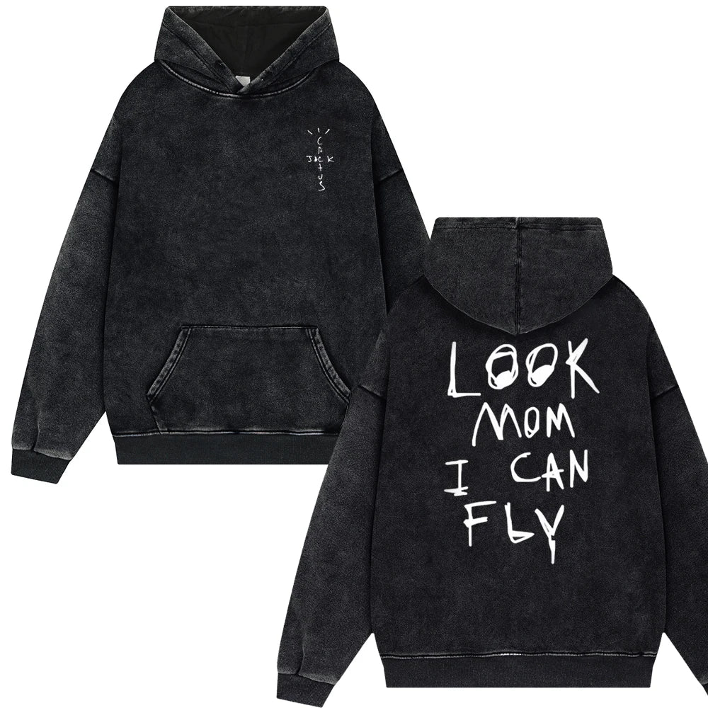 2025 Streetwear Travis Look "Mom I Can Fly" Vintage Washed Hoodies – Unisex Oversized Pullover für Männer und Frauen