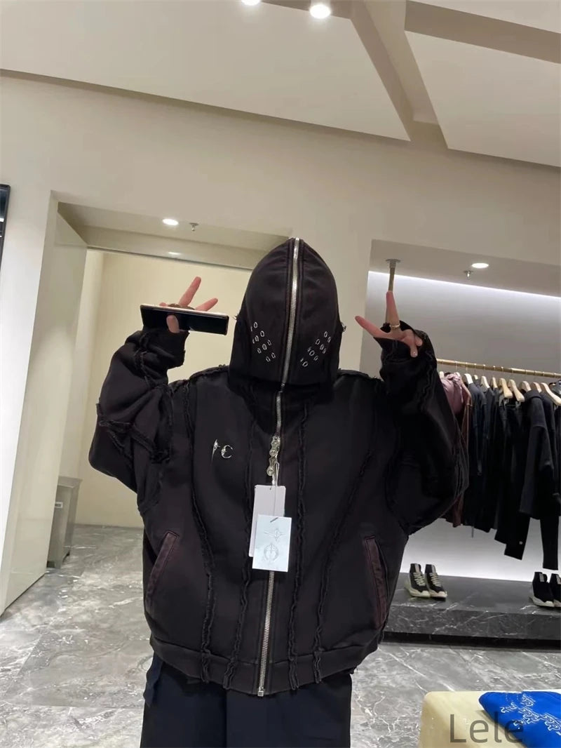 Y2K THUG CLUB VIBE Zipper Hoodie mit Shark Mask – Kurzer Hoodie für Herren, lässig & locker