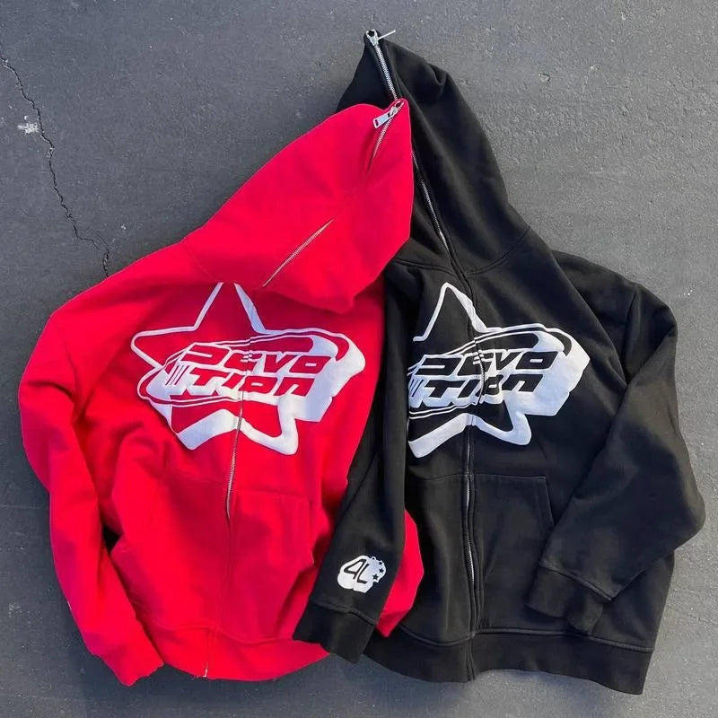 Oversized Zip-up Hoodie – Streetwear Spring Y2K Goth Punk mit Sternen-Print – Trendy Dünnes Material, Full-Face Hoodie