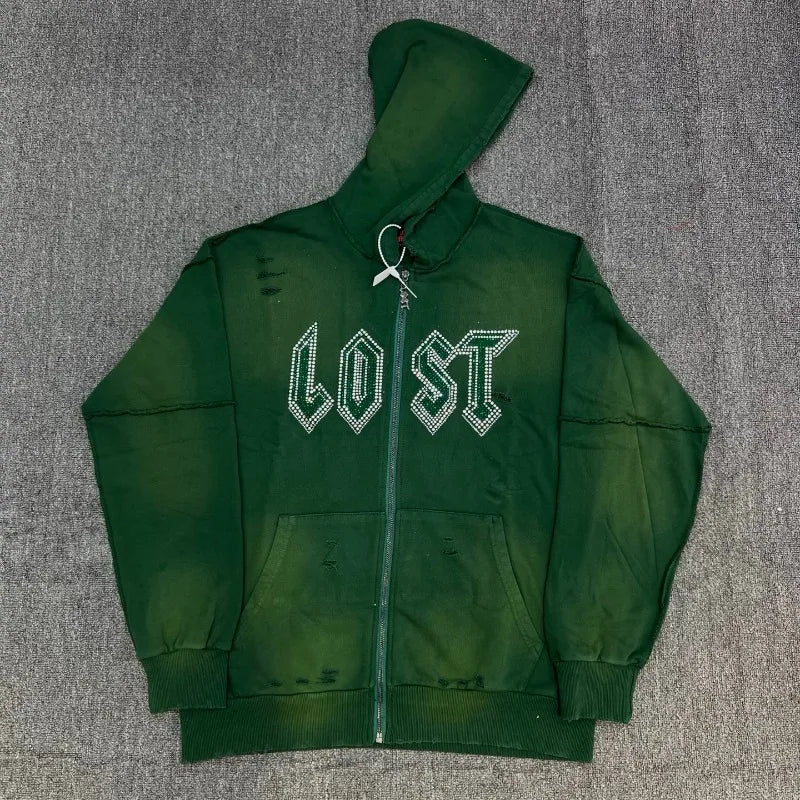 Lost Intricacy Diamond Zip Hoodie – Distressed Look, Unisex Streetwear Sweatshirt
