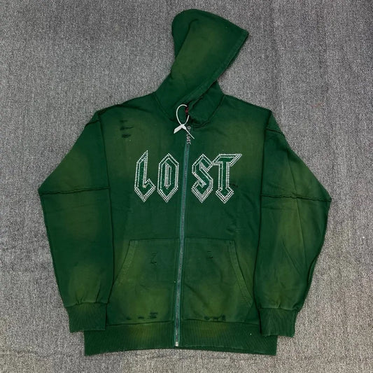 Lost Intricacy Diamond Zip Hoodie – Distressed Look, Unisex Streetwear Sweatshirt