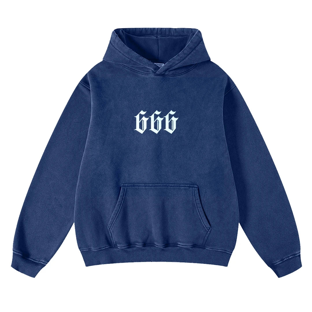 „666“ Digital Print Hoodie – Unisex Kapuzenpullover im Washed-Look