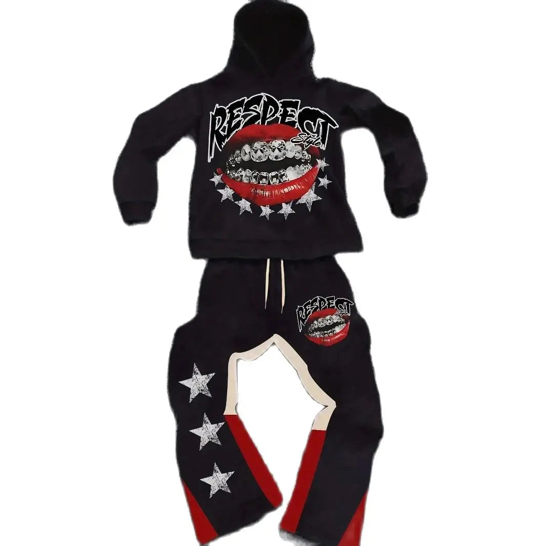 Herren Streetwear Set – Schwarzer Hoodie & Jogginghose mit "RESPECT", roten Lippen, diamantbesetzten Zähnen und weißen Sternen