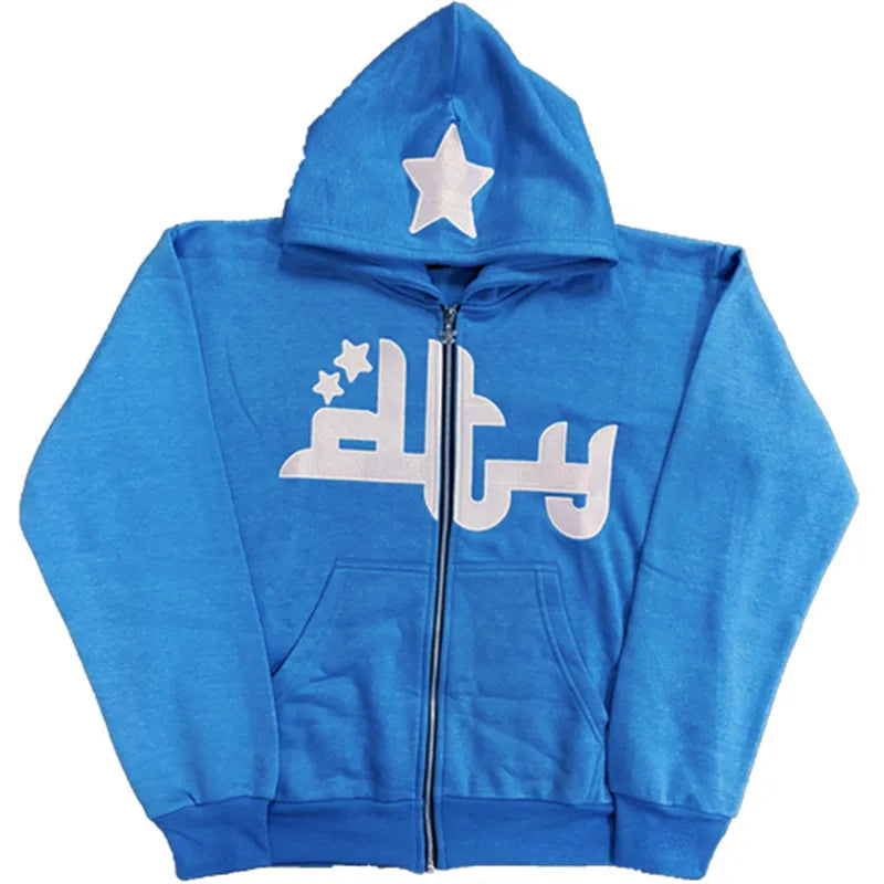 Vintage Zipper Stars Print Hoodie – Herbst/Winter Long Sleeve Sweatshirt für Männer
