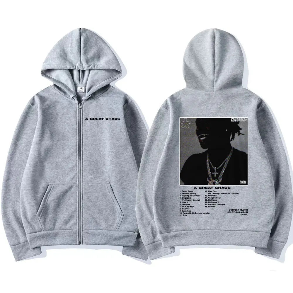 Rapper Ken Carson „A Great Chaos“ Album Zip-Hoodie – Unisex Streetwear Sweatshirt mit Kapuze, lässiger Schnitt, Fashion Harajuku Style