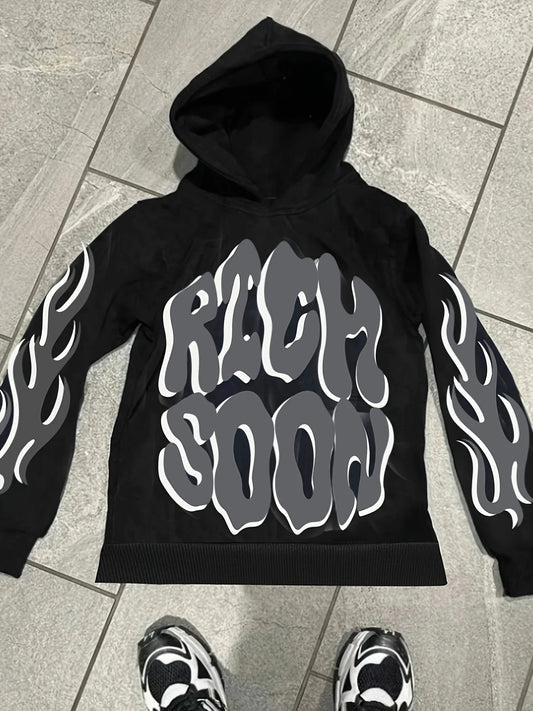 „Rich Soon“ Flammen-Hoodie – Sommerlicher Hip-Hop Style für Herren