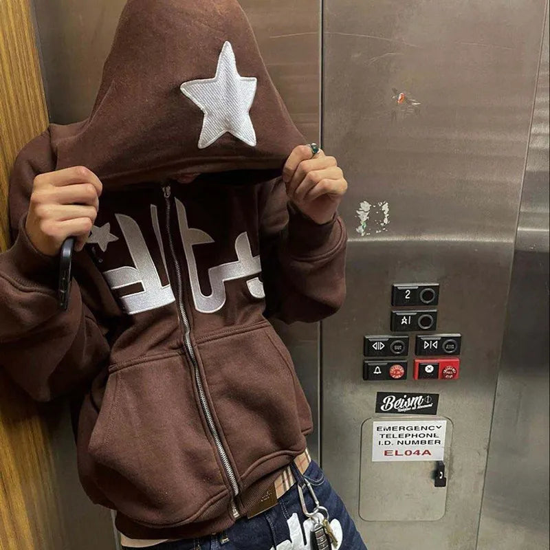 Vintage Zipper Stars Print Hoodie – Herbst/Winter Long Sleeve Sweatshirt für Männer