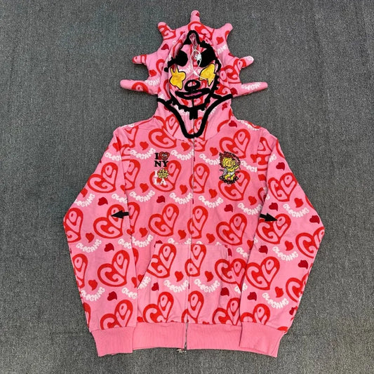 Glo Gang Zip Hoodie Unisex mit Strass-Verzierung und Cartoon Print – Pink Streetwear Kapuzenpullover