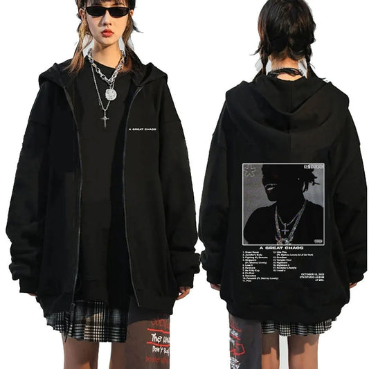 Rapper Ken Carson „A Great Chaos“ Album Zip-Hoodie – Unisex Streetwear Sweatshirt mit Kapuze, lässiger Schnitt, Fashion Harajuku Style