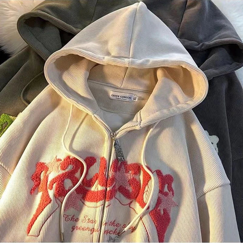 Damen Corduroy Hoodie mit Stickerei – Oversize Zip-Up Pullover im Harajuku Y2K Stil