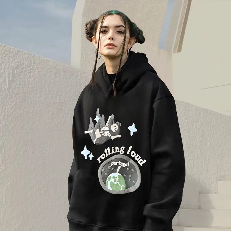 Europäisch-Amerikanischer Vintage Schwarzer Hoodie mit Totenkopf-Print - Rolling Cloud Foaming Print Kapuzenpullover für Männer