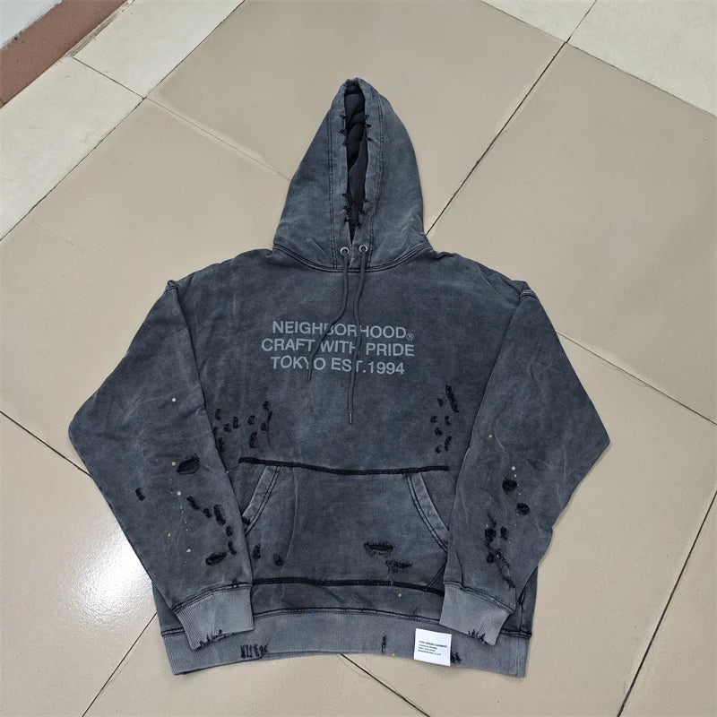 NBHD Hoodie – Retro Washed Look mit Tintenflecken & Destroyed-Details | Unisex Streetwear