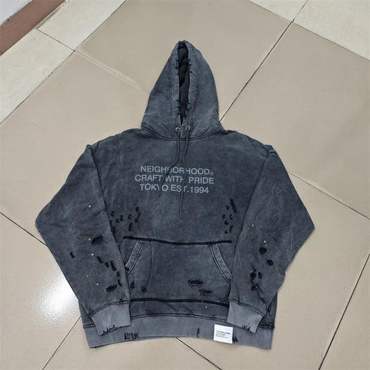 NBHD Hoodie – Retro Washed Look mit Tintenflecken & Destroyed-Details | Unisex Streetwear
