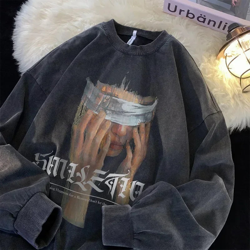 🖤 Herren Sweatshirt – "Blindfold Portrait" Print | Gothic Look | Schwarz | Herbst Kollektion