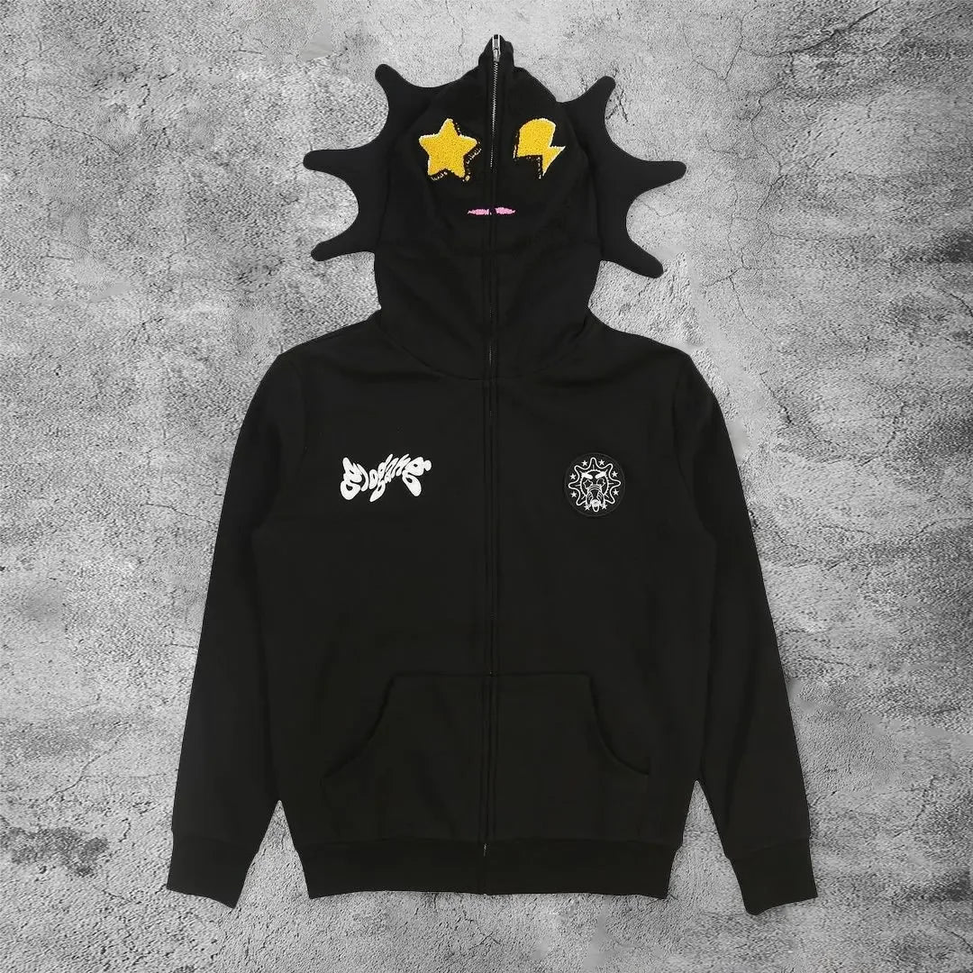 Y2K Zip-Up Hoodie Cardigan – Gelb mit Stern-Details im Campus Streetstyle (Unisex)