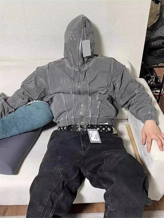Y2K THUG CLUB VIBE Zipper Hoodie mit Shark Mask – Kurzer Hoodie für Herren, lässig & locker