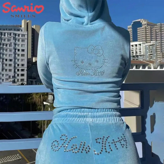 Anime 2-teiliges Hello Kitty Damen Samt Hoodie Set – Zip-Up Sweatshirt & Jogginghose, Kawaii Sanrio Sportanzug mit Strasssteinen