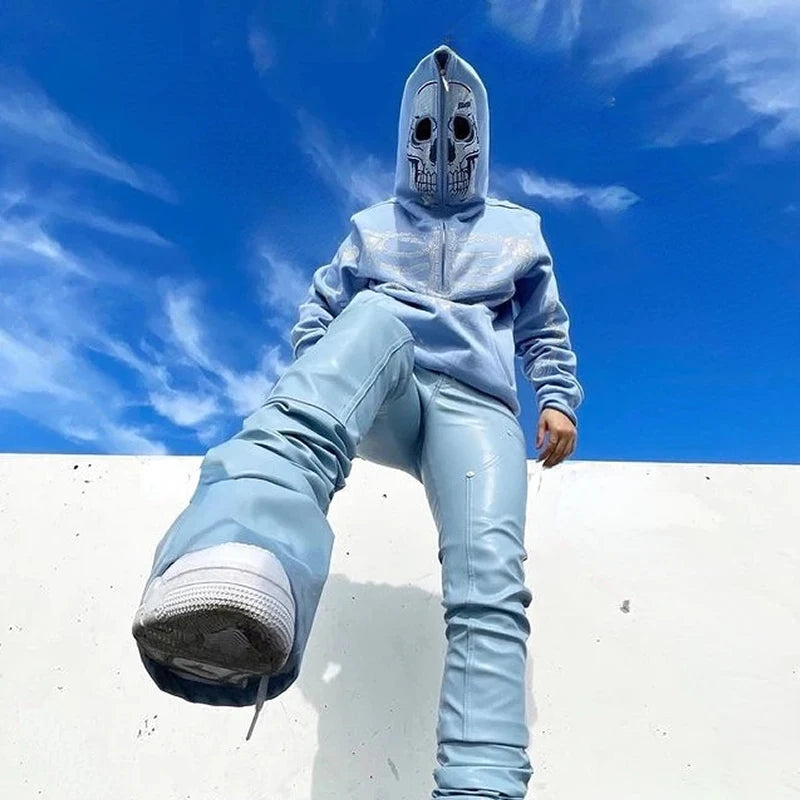 Punk-Style Hoodie mit Strass-Totenkopf – Oversized Zip-Up Sweatshirt für Herren (Y2K Streetwear)