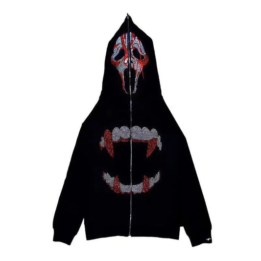 Y2K Strass Zip-Up Hoodie – Oversized Gothic Sweatshirt für Damen & Herren