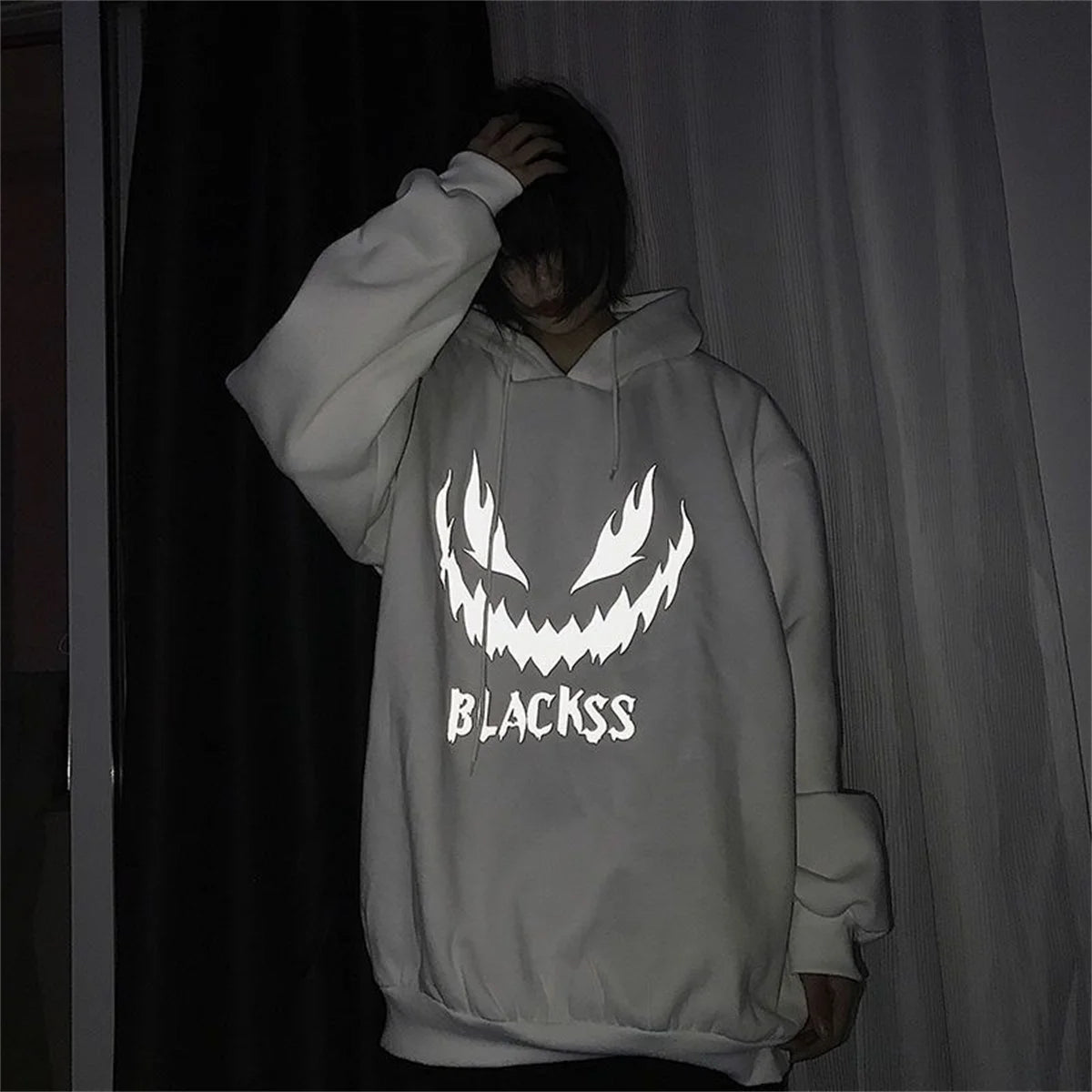 👿 Schwarzer Herren Hoodie im Hip-Hop-Stil – Teufel-Print | Harajuku Streetwear | Reflektierend & Oversize-Look | Unisex