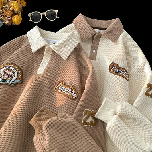 Vintage American Style Besticktes Polo Sweatshirt für Herren – Lässiger, lockerer Langarm-Hoodie für Frühling und Herbst