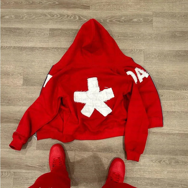Y2K Oversized Hoodie mit Reißverschluss – Hip-Hop Retro Patch Stickerei, Damen Hoodie