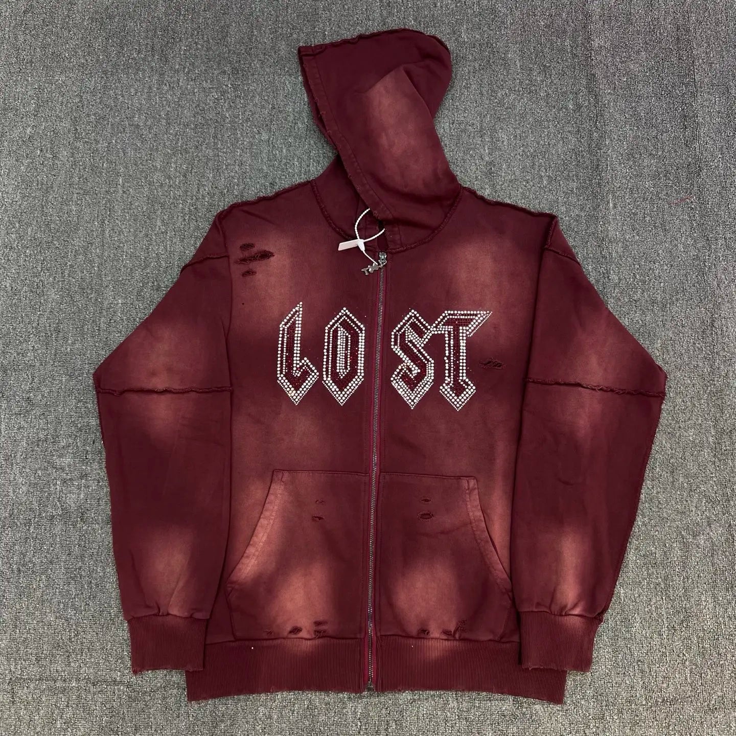 Lost Intricacy Diamond Zip Hoodie – Distressed Look, Unisex Streetwear Sweatshirt