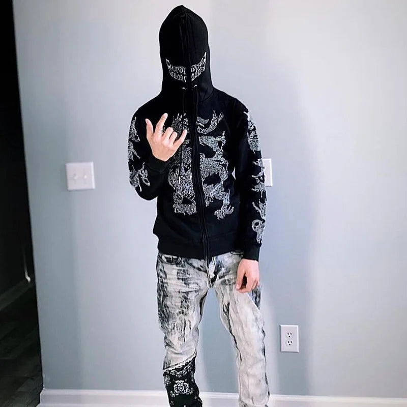 ✨ Y2K Fashion Zip Hoodie mit Strass – Oversized Grunge Sweatshirt für Herren