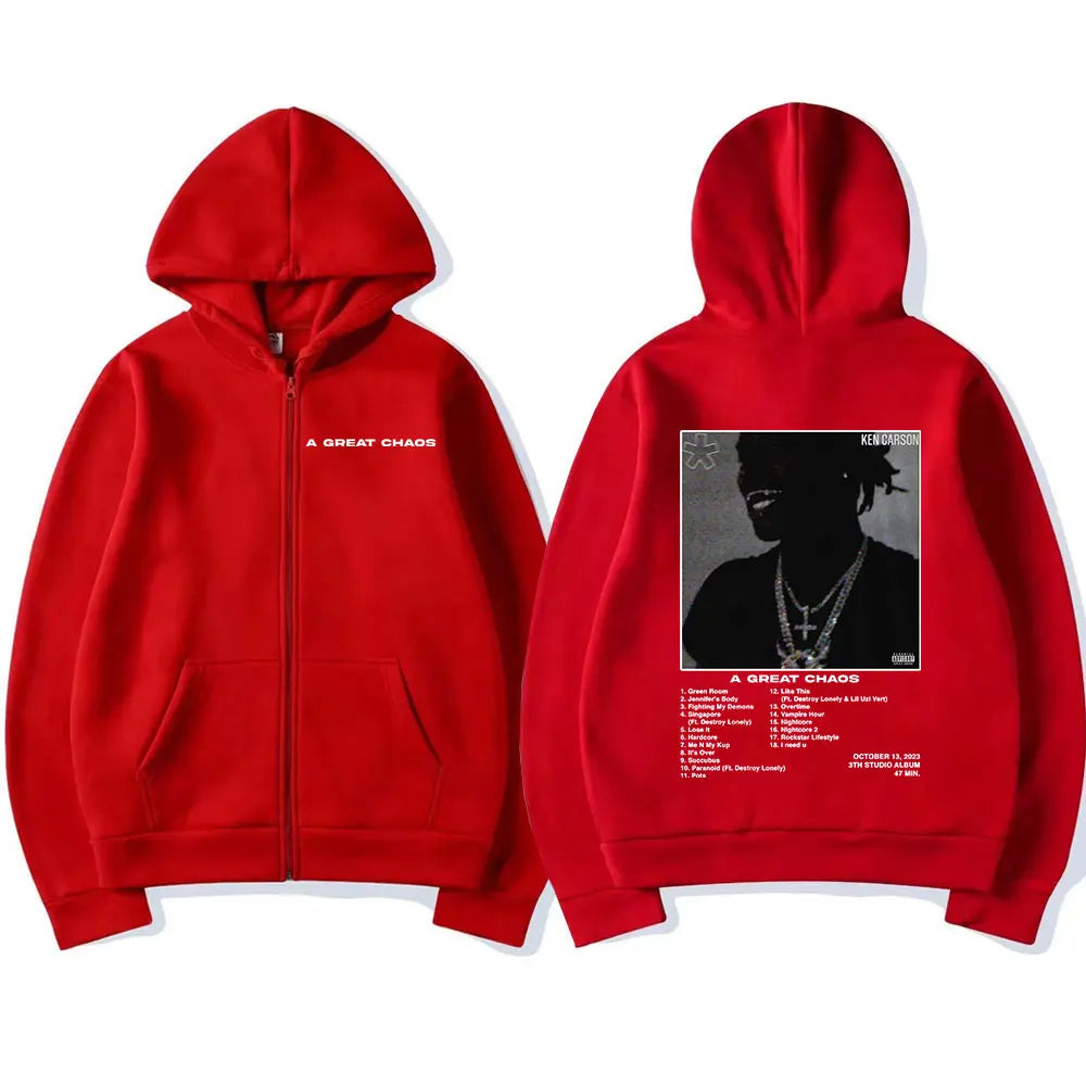 Rapper Ken Carson „A Great Chaos“ Album Zip-Hoodie – Unisex Streetwear Sweatshirt mit Kapuze, lässiger Schnitt, Fashion Harajuku Style