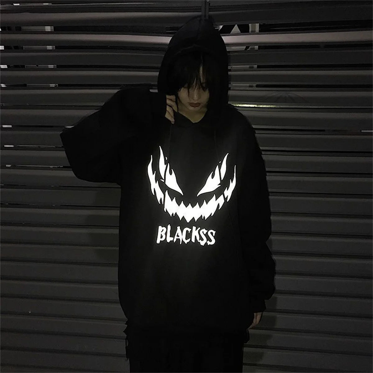 👿 Schwarzer Herren Hoodie im Hip-Hop-Stil – Teufel-Print | Harajuku Streetwear | Reflektierend & Oversize-Look | Unisex