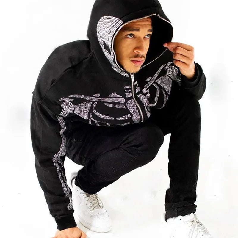 💀 Full Zip Hoodie – "Rhinestone Skeleton" | Oversized Gothic Streetwear für Sie & Ihn