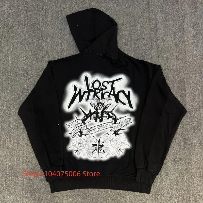 🖤 Lost Intricacy Hoodie mit Strass-Details – Schwarz | 100 % Baumwolle | Streetwear Look