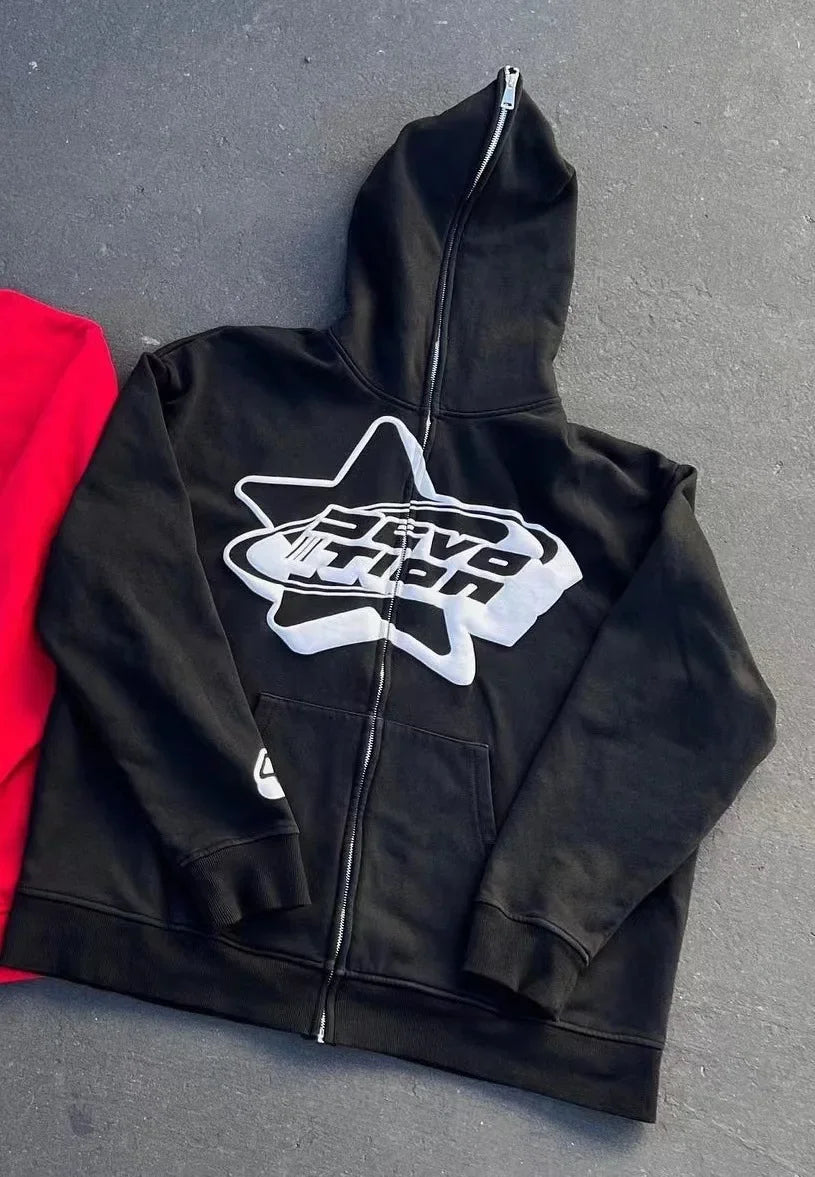 Oversized Zip-up Hoodie – Streetwear Spring Y2K Goth Punk mit Sternen-Print – Trendy Dünnes Material, Full-Face Hoodie