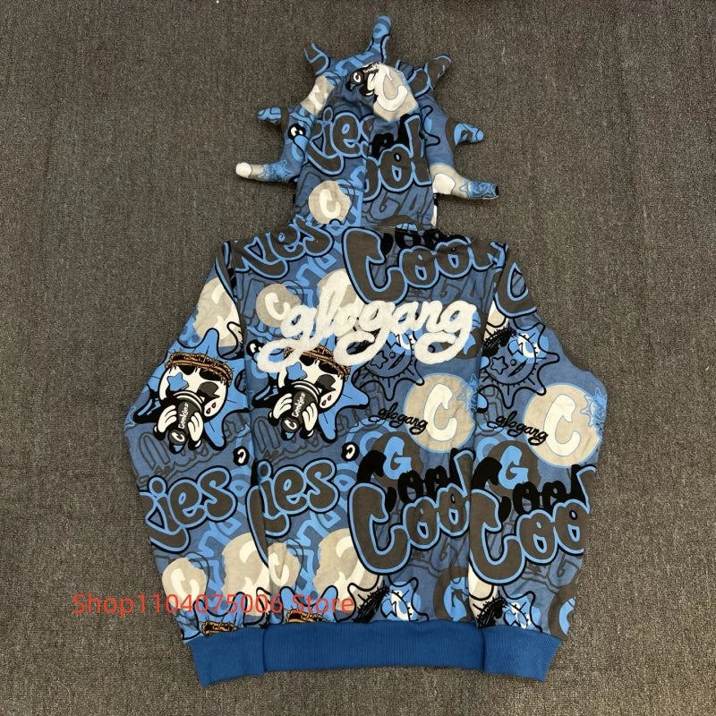 🔥 Glo Gang Zip Hoodie – Herren Streetwear mit Cartoon-Graffiti-Design | Weiche Baumwolle | Lässiger Winter-Style mit Reißverschluss