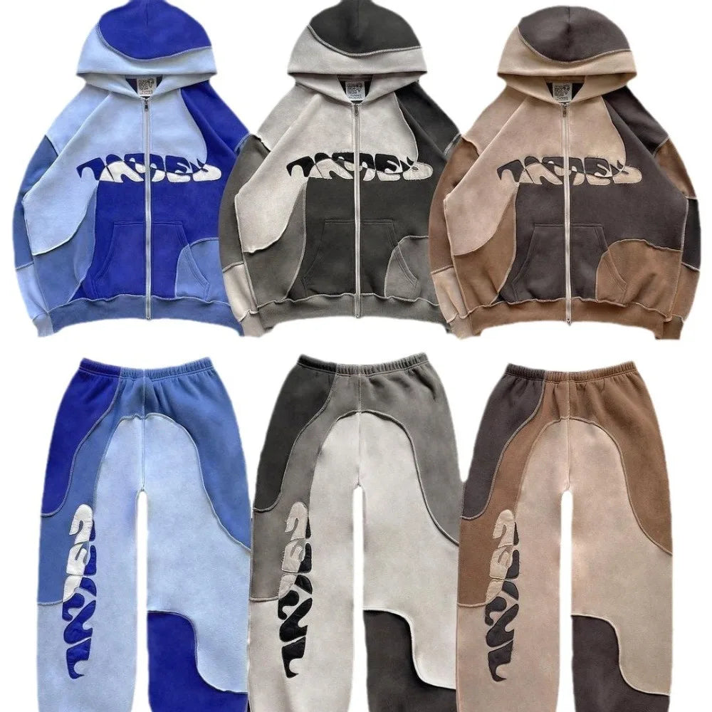 🧥 2-teiliges Streetwear-Set – Patchwork Zipper Hoodie & Jogginghose (Unisex)