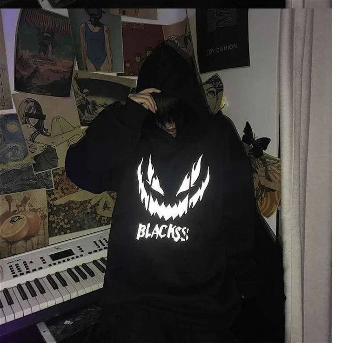 👿 Schwarzer Herren Hoodie im Hip-Hop-Stil – Teufel-Print | Harajuku Streetwear | Reflektierend & Oversize-Look | Unisex