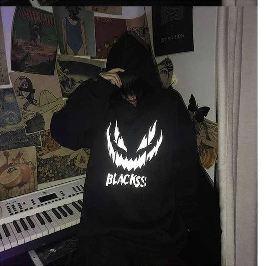 👿 Schwarzer Herren Hoodie im Hip-Hop-Stil – Teufel-Print | Harajuku Streetwear | Reflektierend & Oversize-Look | Unisex