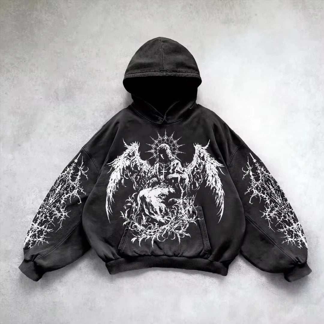 Retro Gothic Graphic Print Hip Hop Hoodie – Y2K Grunge Punk Pullover für Männer & Frauen