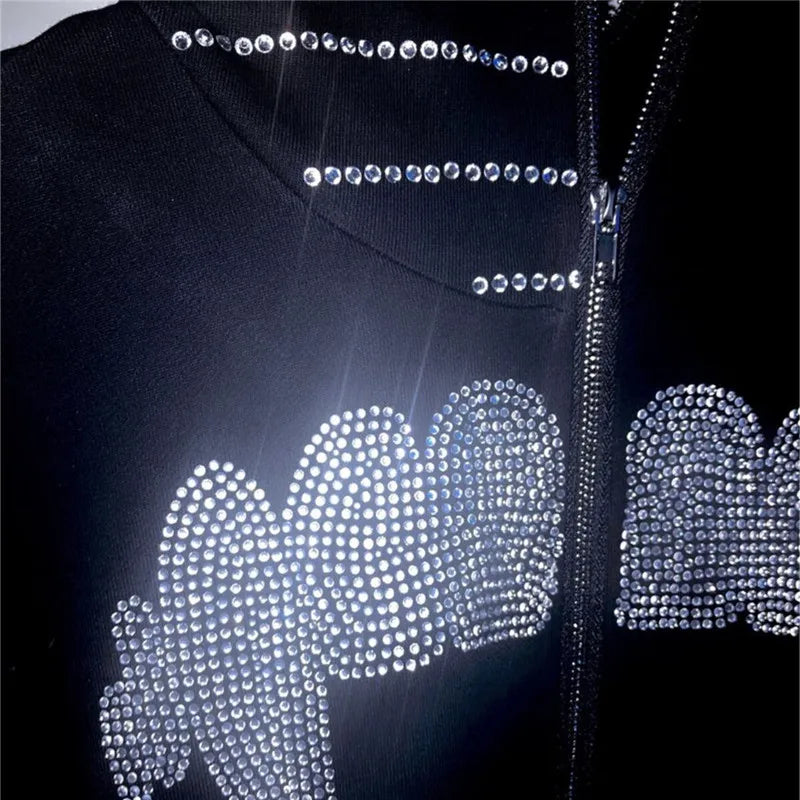 Grunge Y2K Hoodie mit Reißverschluss – Oversized Goth Sweatshirt mit Strass, Spinnennetz & Zahn-Print