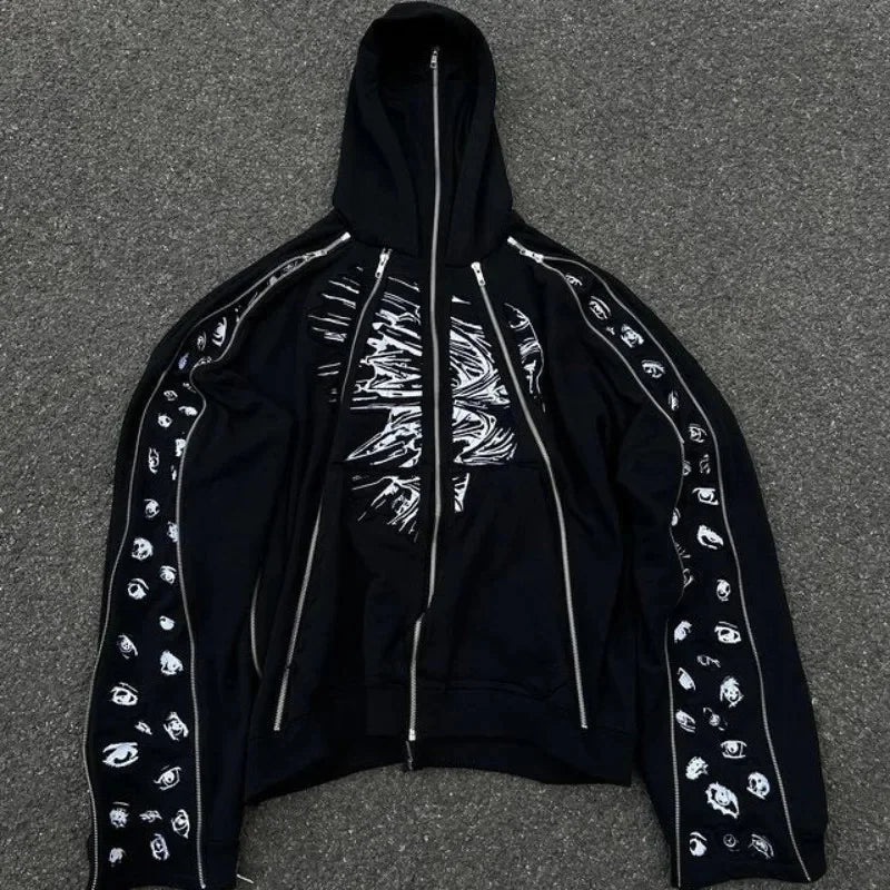 Neu! Street Style Hip Hop Fashion Geometric Print Zip-Up Hoodie – Unisex Loose Hooded Sweatshirt für Männer, Harajuku, Safari Stil
