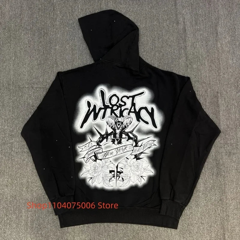 🖤 Lost Intricacy Hoodie mit Strass-Details – Schwarz | 100 % Baumwolle | Streetwear Look
